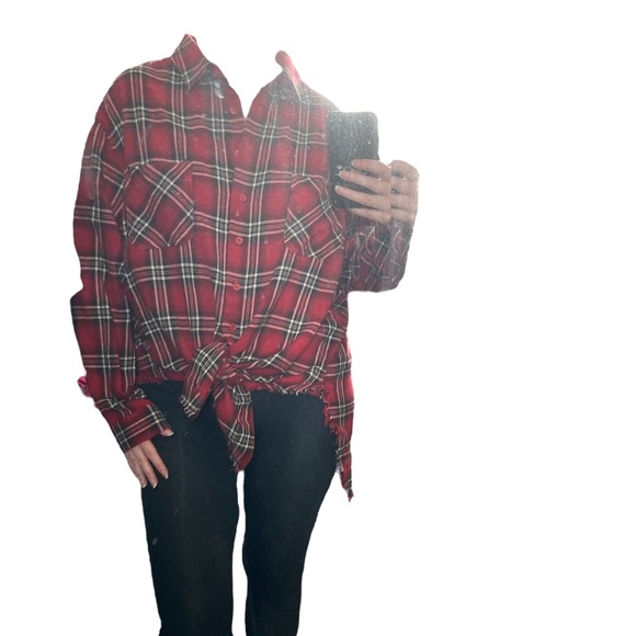 1.4.3 Story Oversized Red Plaid Distressed Button Up - Picture 3 of 9